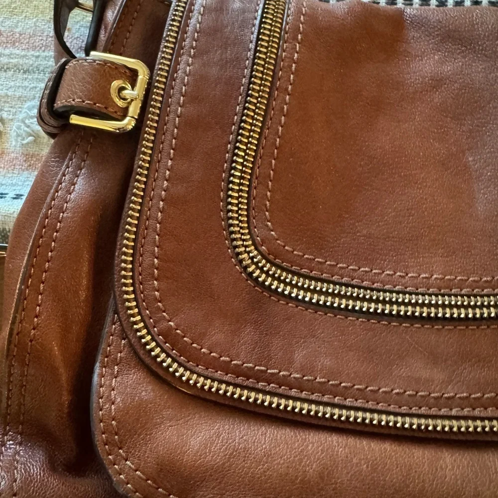 Michael Kors Naomi Brown Glazed Leather Gold Zipper Trim Crossbody Bag Shoulder